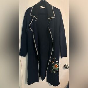 Simply Couture‎ Womens Navy Black Embroidery Bird Floral Duster Wool Blend Large